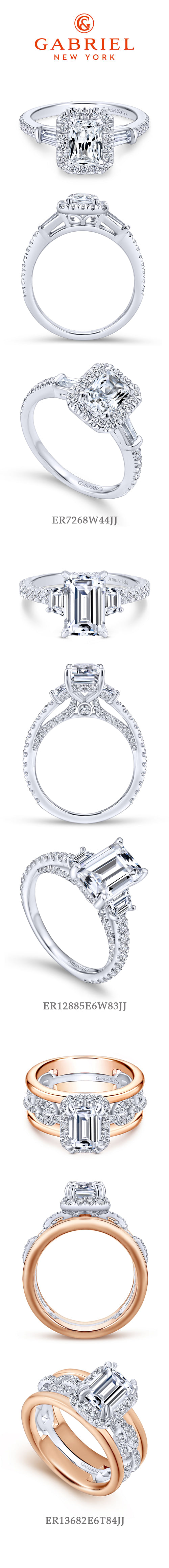 14K White Gold Three Stone Halo Emerald Cut Diamond Engagement Ring angle 